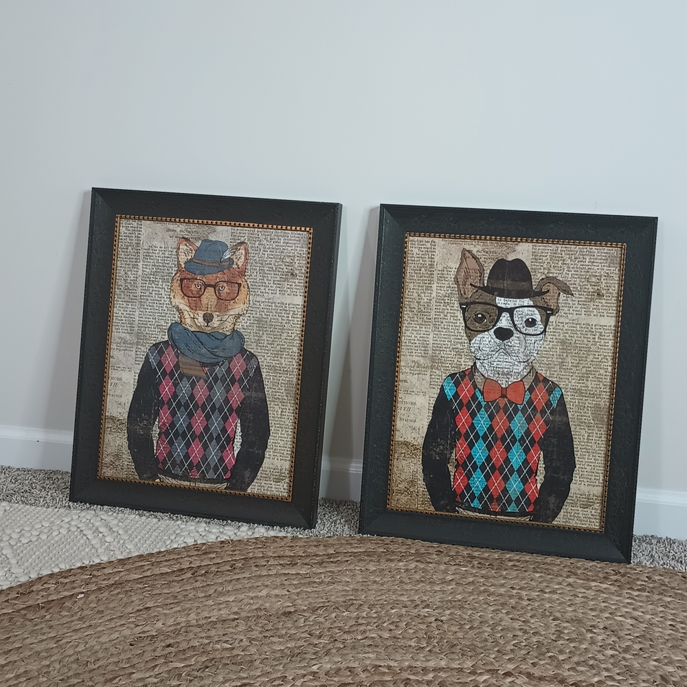 Hipster Bulldog And Hipster Fox Pictures Wall Art– Framed Set of 2